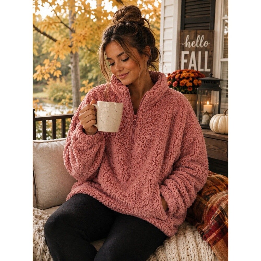 Dittos Pink Sherpa Quarter Zip Pullover Fleece Jacket 2X NWT Cozy Warm Plush Top